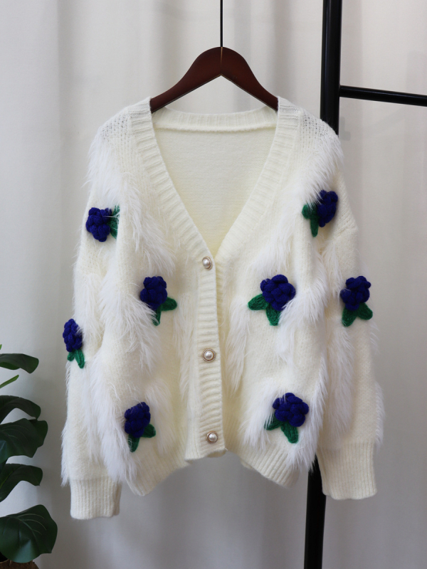 Ženski kardigan od pletene s umjetnim norkovim krznom, labav kroj, cvjetni uzorak, V-izrez, dugi rukav