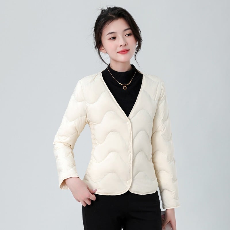 Ženska unutarnja podstava jakne s perjem, uski kroj, ultra kratka dužina, punilo: bijela pačja perja, tkanina chenille
