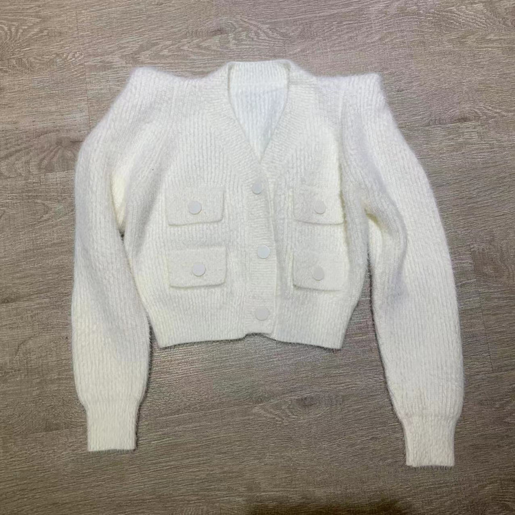Kratki kardigan od Mink velura za žene, V-izrez, debeli pleteni materijal, dugi rukavi, Xiao Xiang Feng stil