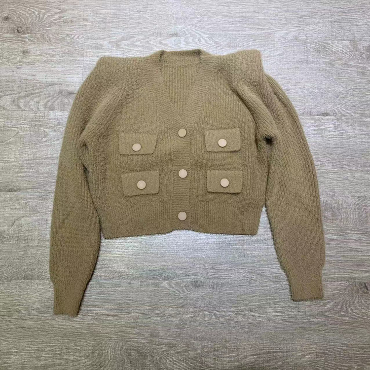 Kratki kardigan od Mink velura za žene, V-izrez, debeli pleteni materijal, dugi rukavi, Xiao Xiang Feng stil