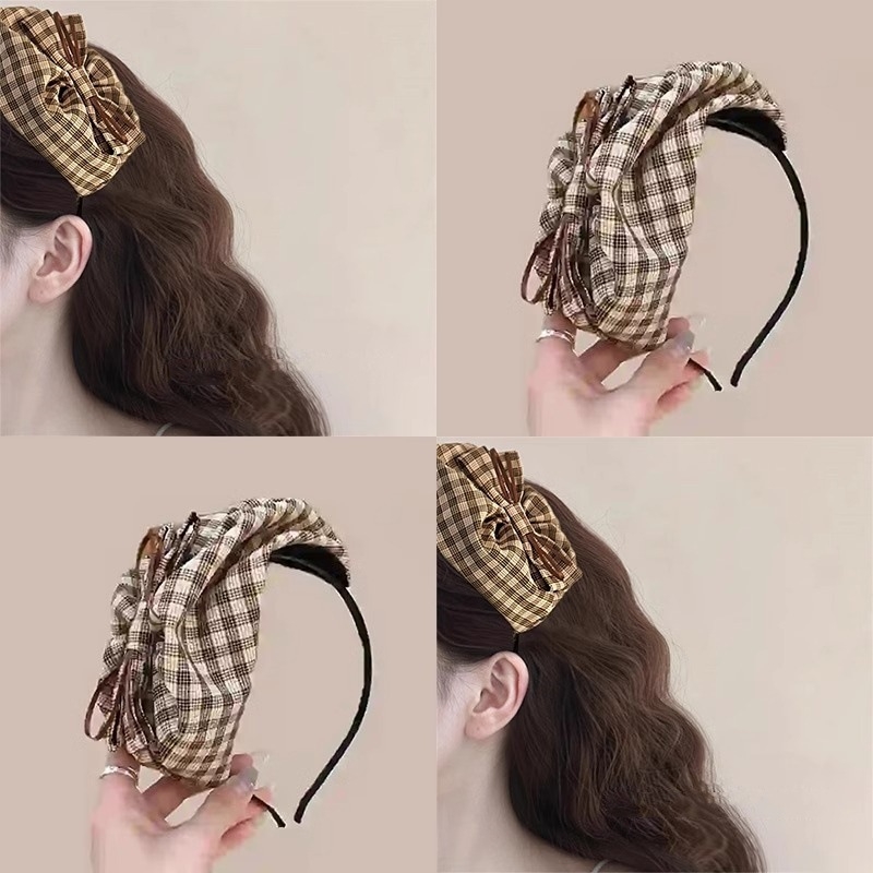 Ženski dodatak za glavu: karirana mašna za kosu, francuski retro stil, ručna izrada od plastike