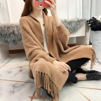 Cardigan od imitacije mink velveta, šal s resicama, jacquard, slobodan kroj, duga duljina