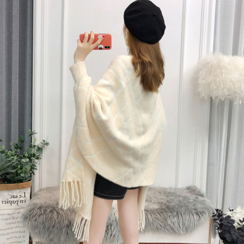 Cardigan od imitacije mink velveta, šal s resicama, jacquard, slobodan kroj, duga duljina