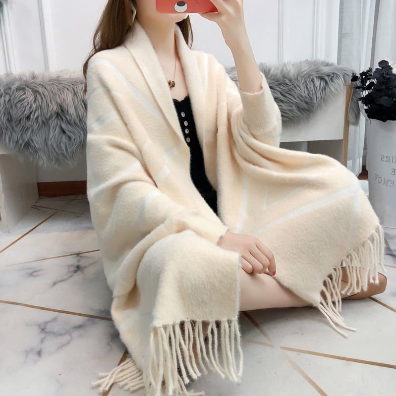Cardigan od imitacije mink velveta, šal s resicama, jacquard, slobodan kroj, duga duljina