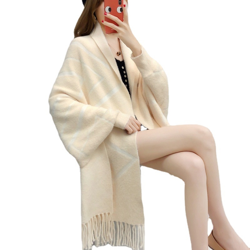 Cardigan od imitacije mink velveta, šal s resicama, jacquard, slobodan kroj, duga duljina