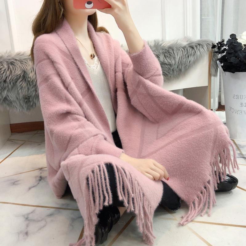 Cardigan od imitacije mink velveta, šal s resicama, jacquard, slobodan kroj, duga duljina