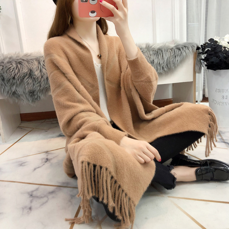 Cardigan od imitacije mink velveta, šal s resicama, jacquard, slobodan kroj, duga duljina