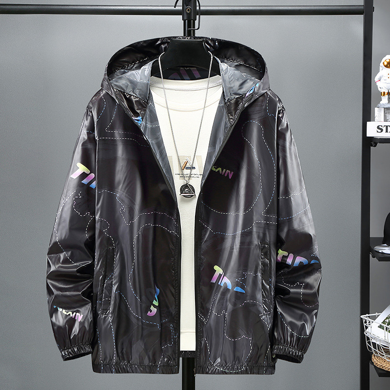 Muško tanko jakna od poliestera s UV zaštitom 40, kapuljača, ljetni geometrijski print, zip