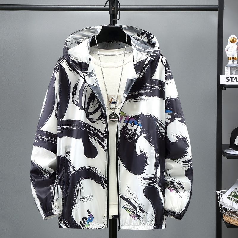 Muško tanko jakna od poliestera s UV zaštitom 40, kapuljača, ljetni geometrijski print, zip