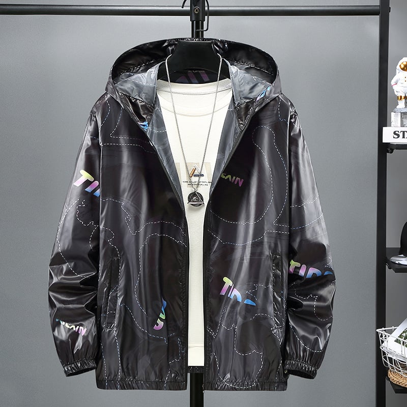 Muško tanko jakna od poliestera s UV zaštitom 40, kapuljača, ljetni geometrijski print, zip