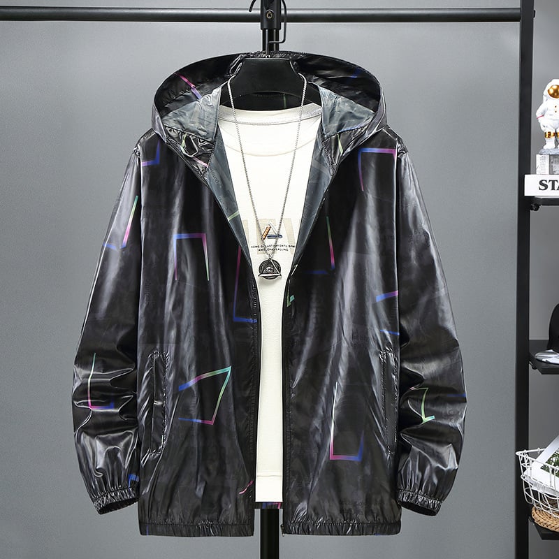 Muško tanko jakna od poliestera s UV zaštitom 40, kapuljača, ljetni geometrijski print, zip