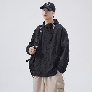 Muška kapuljačom jakna s UV zaštitom UPF50+ – lagana, prozračna vanjska jakna za ribolov s više džepova i prednjim zatvaračem