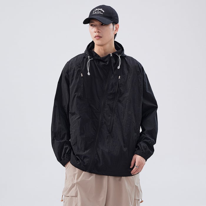 Muška kapuljačom jakna s UV zaštitom UPF50+ – lagana, prozračna vanjska jakna za ribolov s više džepova i prednjim zatvaračem