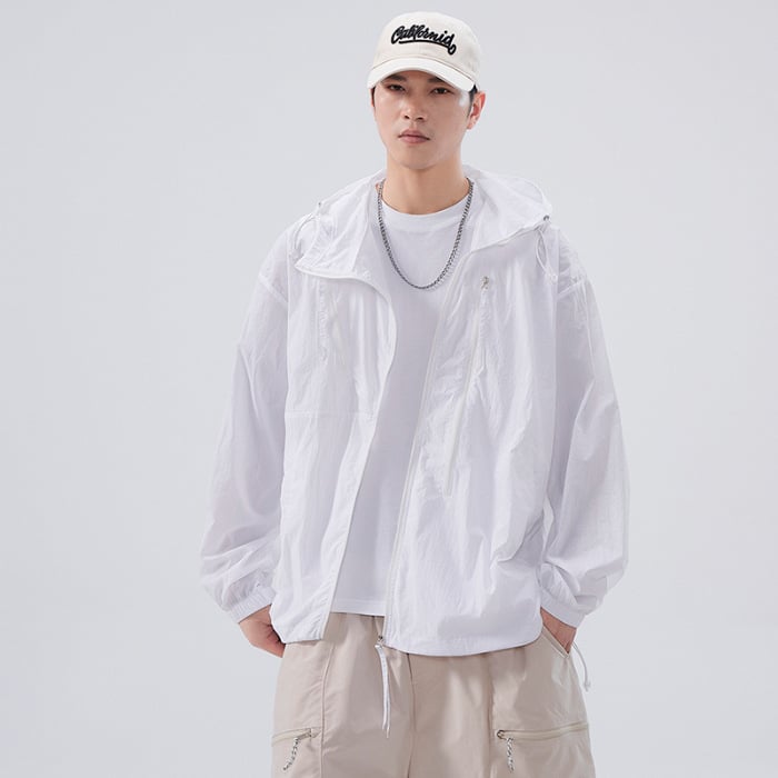 Muška kapuljačom jakna s UV zaštitom UPF50+ – lagana, prozračna vanjska jakna za ribolov s više džepova i prednjim zatvaračem