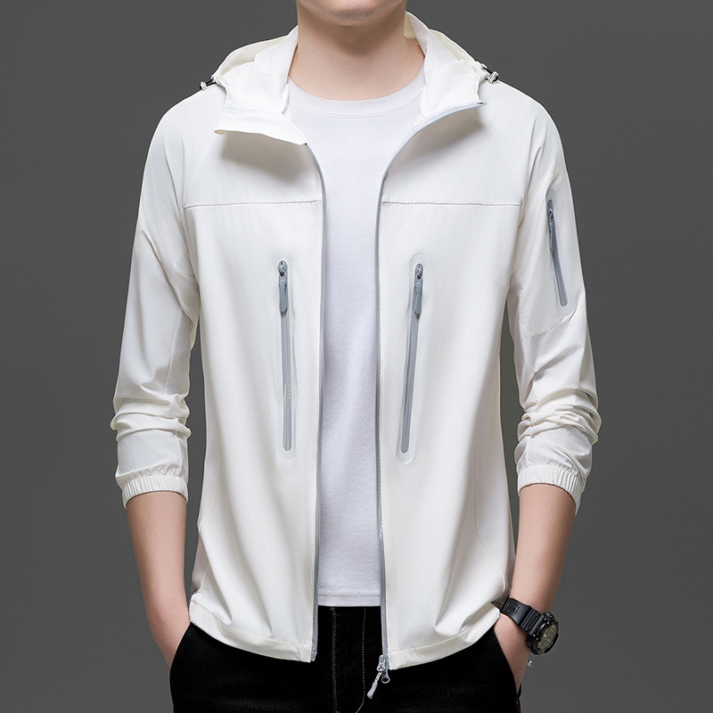 Muška kapuljačasta jakna za zaštitu od sunca, tkanina s 88% najlona u smjesi kemijskih vlakana, zatvarač, korejski stil, bočni džepovi