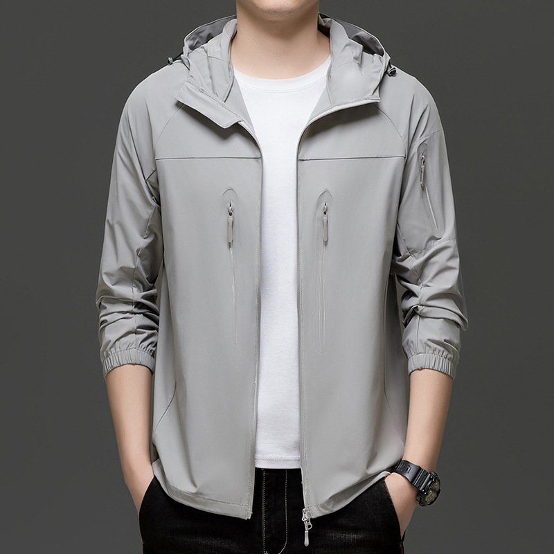 Muška kapuljačasta jakna za zaštitu od sunca, tkanina s 88% najlona u smjesi kemijskih vlakana, zatvarač, korejski stil, bočni džepovi