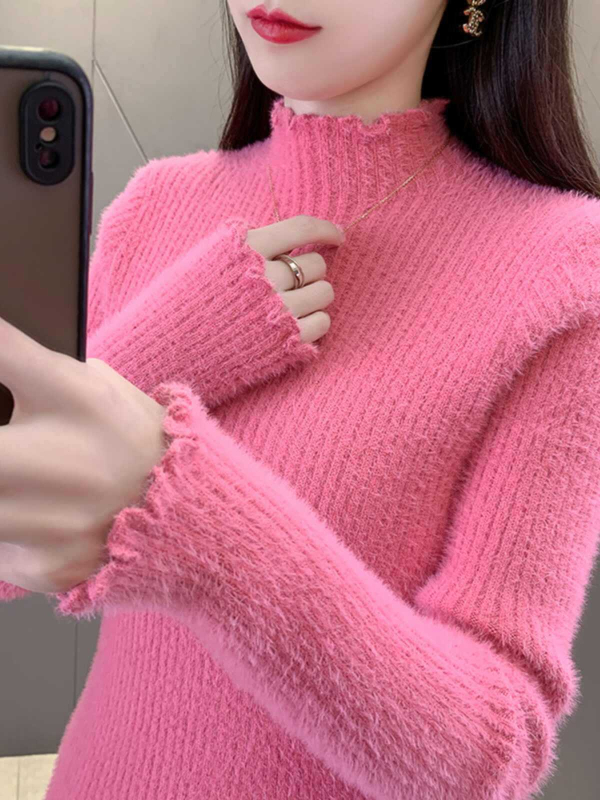 Ženski pulover s kapuljom, poluturtleneck, jesen/zima, normalna debljina, dugi rukavi, poliester flees, jednobojan, japansko-korejski ležerni stil