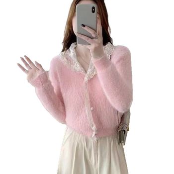 Ženski kardigan od umjetnog mink velura – debeli pleteni, jednobojni uzorak, slobodan kroj, čipasti rub