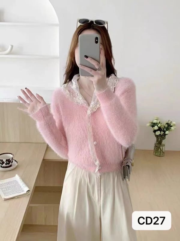 Ženski kardigan od umjetnog mink velura – debeli pleteni, jednobojni uzorak, slobodan kroj, čipasti rub