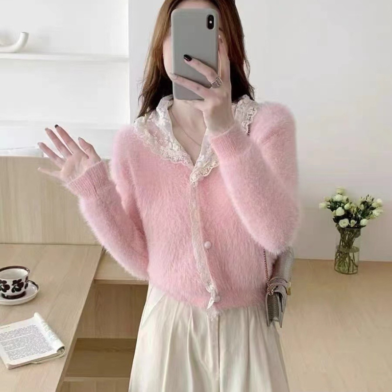 Ženski kardigan od umjetnog mink velura – debeli pleteni, jednobojni uzorak, slobodan kroj, čipasti rub