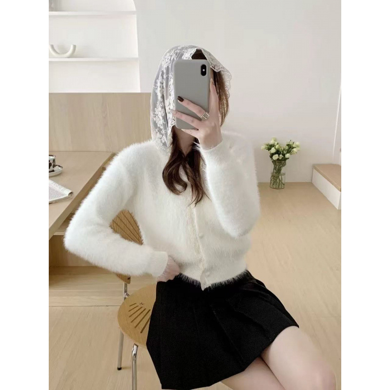 Ženski kardigan od umjetnog mink velura – debeli pleteni, jednobojni uzorak, slobodan kroj, čipasti rub