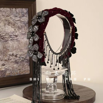 Dodaci za kosu – Velurova traka za kosu s 3D cvijetom i širokim rubom, resice i kristali, egzotični dvorski stil