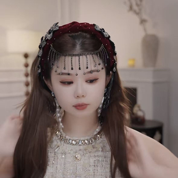 Dodaci za kosu – Velurova traka za kosu s 3D cvijetom i širokim rubom, resice i kristali, egzotični dvorski stil