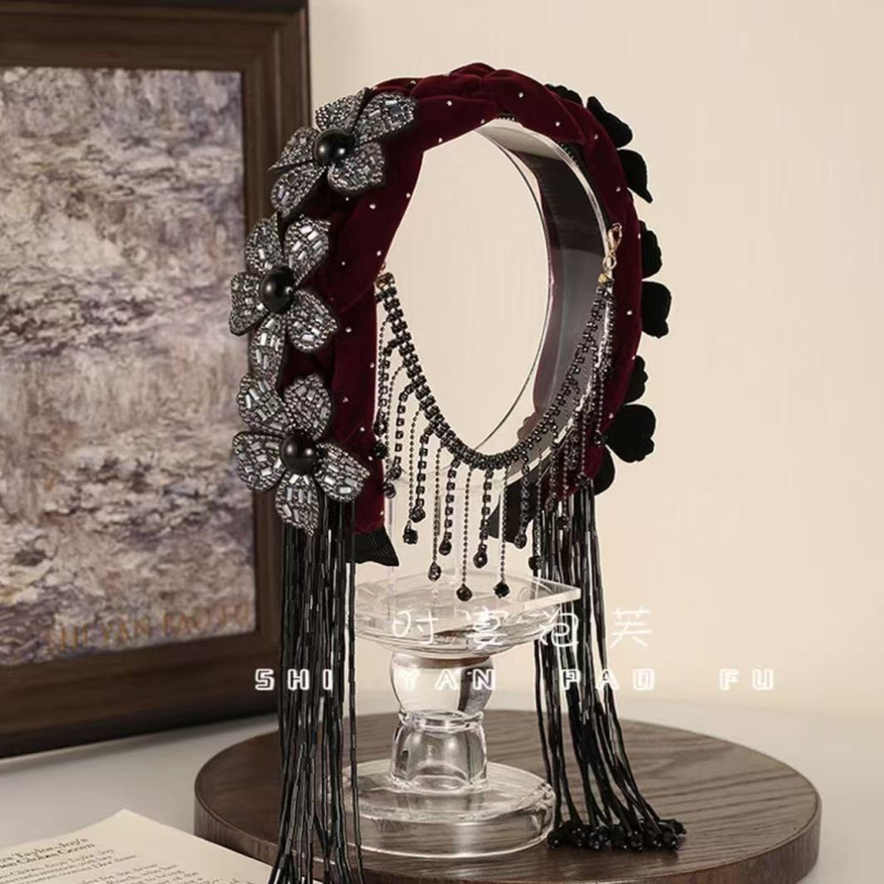 Dodaci za kosu – Velurova traka za kosu s 3D cvijetom i širokim rubom, resice i kristali, egzotični dvorski stil