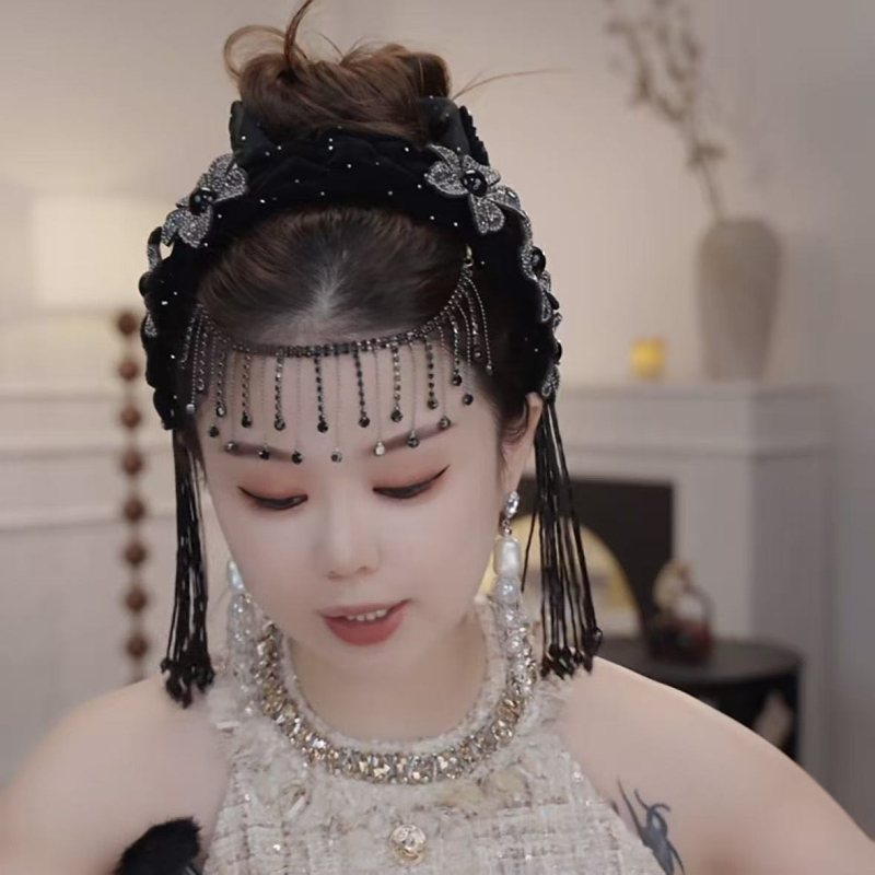 Dodaci za kosu – Velurova traka za kosu s 3D cvijetom i širokim rubom, resice i kristali, egzotični dvorski stil