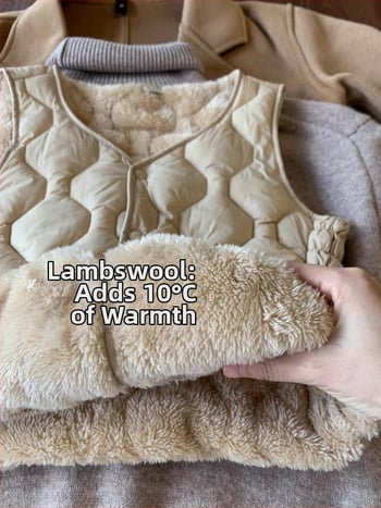 Жилетка за жени с флийс подплата, дебела за зимата 2025, къс стил, V-образно деколте