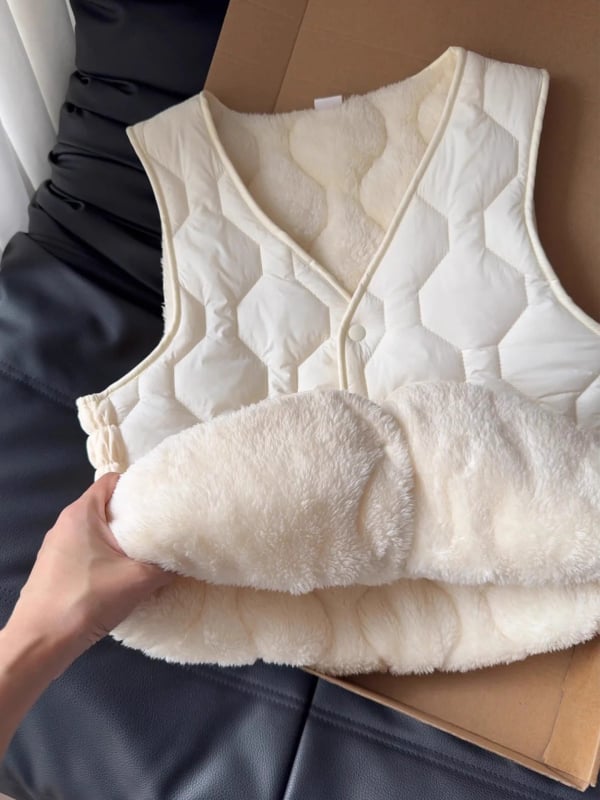 Жилетка за жени с флийс подплата, дебела за зимата 2025, къс стил, V-образно деколте