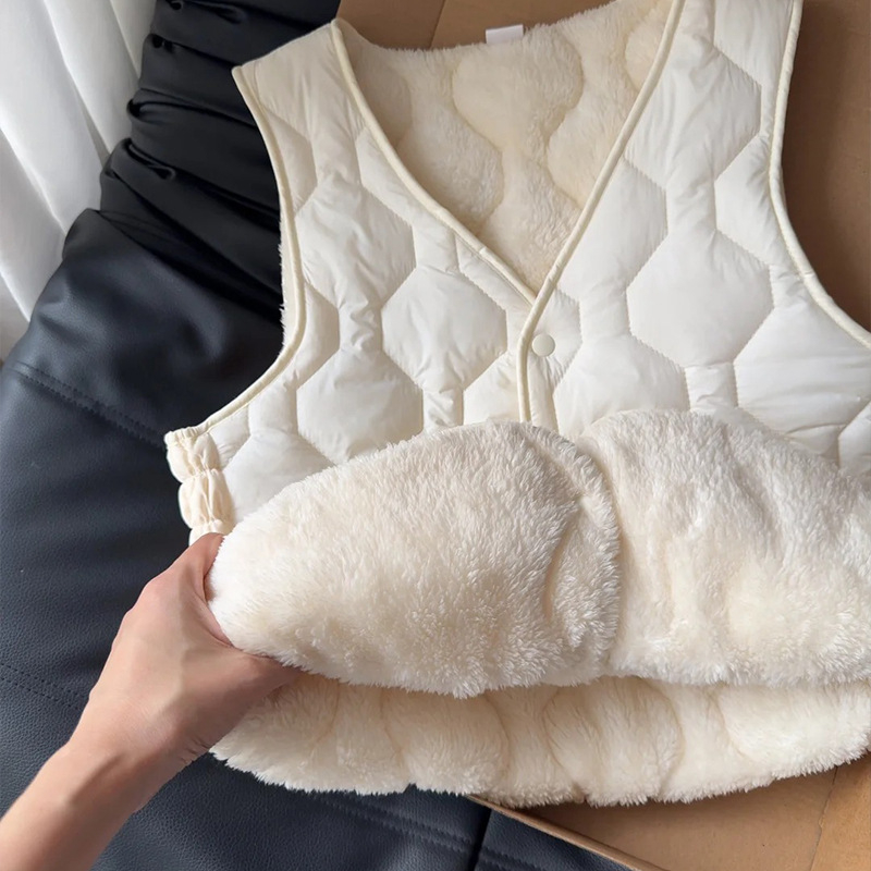 Жилетка за жени с флийс подплата, дебела за зимата 2025, къс стил, V-образно деколте