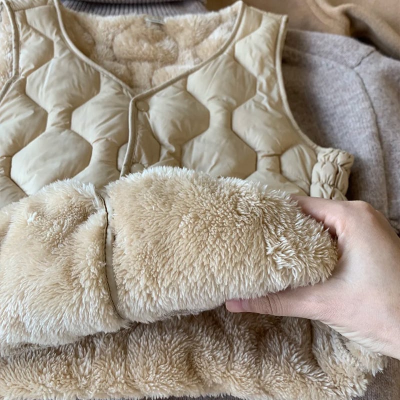 Жилетка за жени с флийс подплата, дебела за зимата 2025, къс стил, V-образно деколте