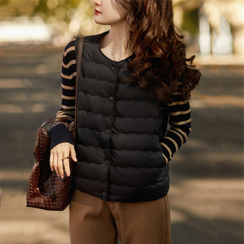 Ženski lagani prsluk s gusjim perjem, Chenille tkanina s elastanom, okrugli ovratnik, slobodan kroj, duljina 50–65 cm, punilo: bijeli gusji down, postotak down 51–55%