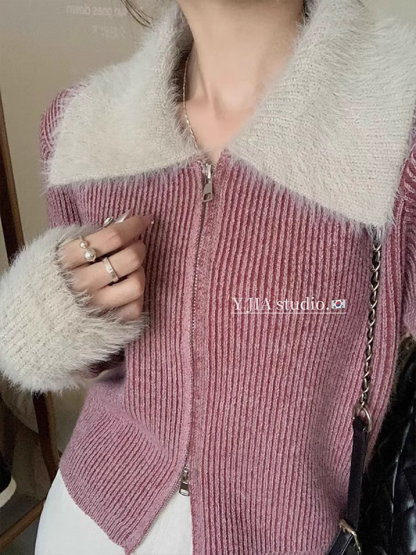 Ženska pleteni jakna-kardigan s dvostrukim zatvaračem, polo ovratnik, kapuljača, manžete od mink velura, unutarnji pleteni kardigan, jesen-zima kratak model