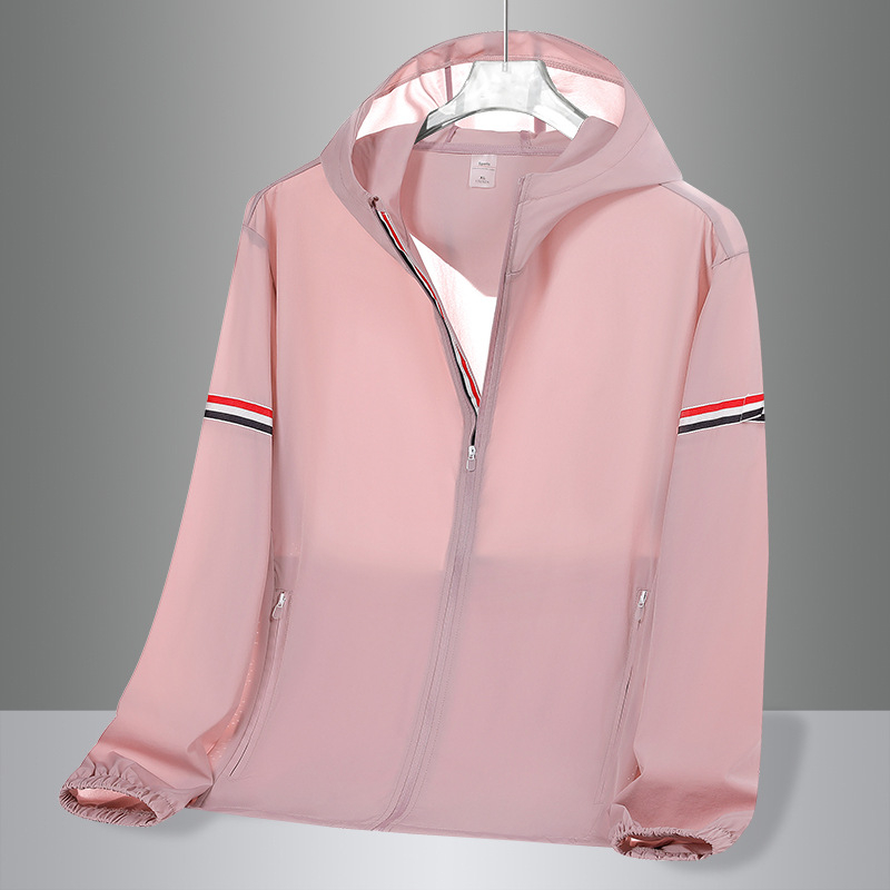 Vanjska windbreaker jakna s prugastim uzorkom, kapuljom, UPF50 UV zaštita, lagani najlon, prozračna, brzo se suši