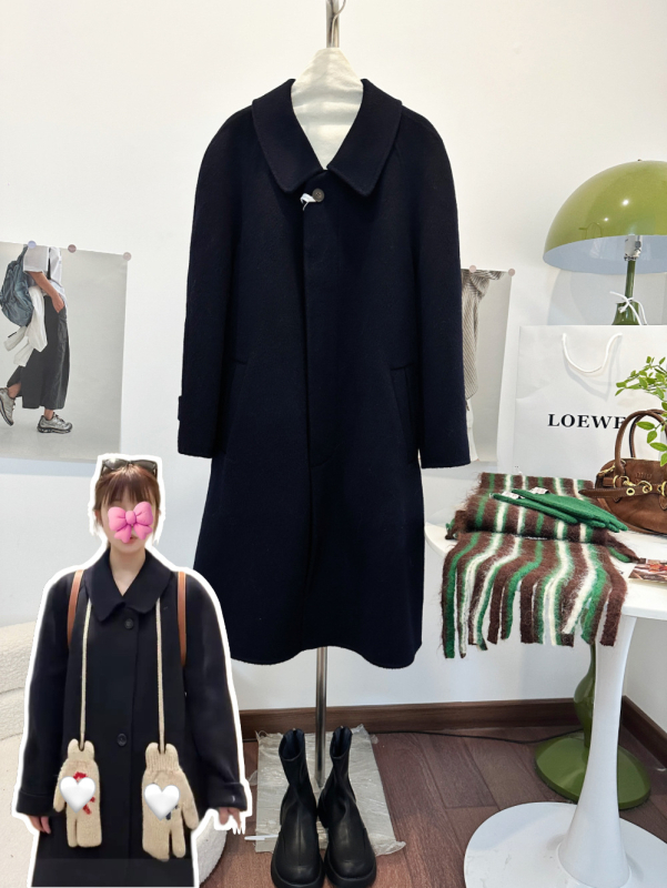 Női gyapjú kabát kettős oldalas anyaggal, galléros, középhosszú, irodalmi retro stílus