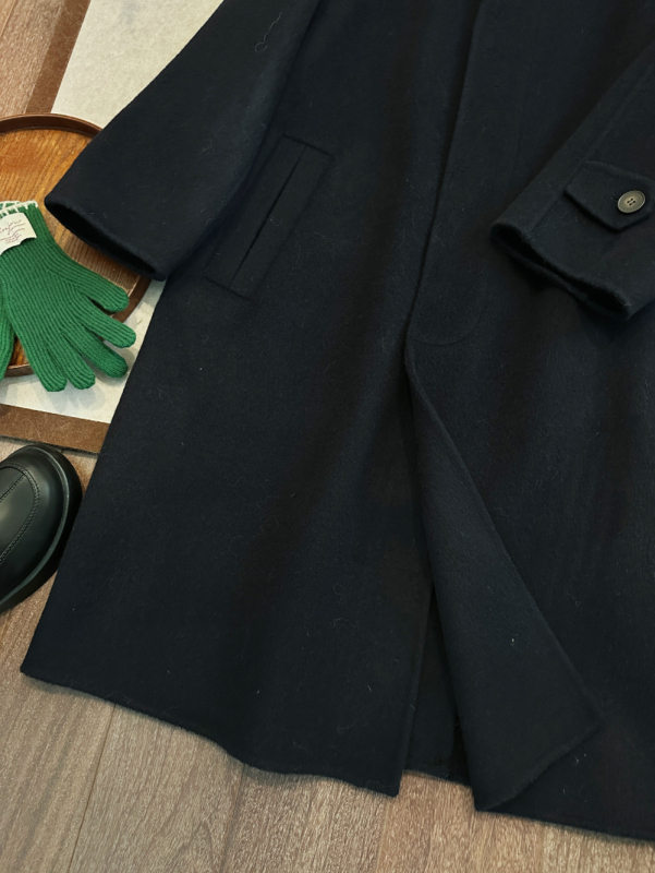 Női gyapjú kabát kettős oldalas anyaggal, galléros, középhosszú, irodalmi retro stílus