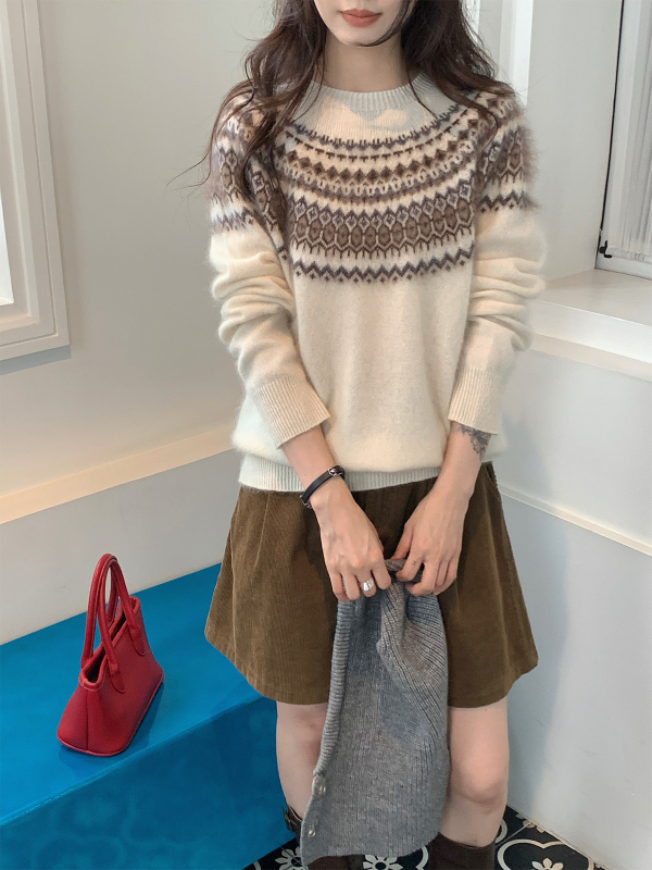 Ženski vuneni džemper s kapuljačom, Jacquard Fair Isle, polu-zip, raglan rukavi, jesen 2025