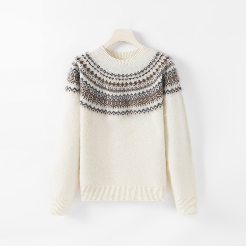 Ženski vuneni džemper s kapuljačom, Jacquard Fair Isle, polu-zip, raglan rukavi, jesen 2025