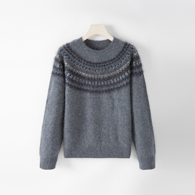 Ženski vuneni džemper s kapuljačom, Jacquard Fair Isle, polu-zip, raglan rukavi, jesen 2025