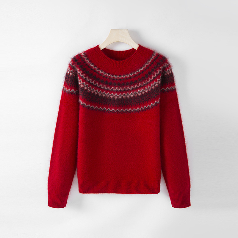 Ženski vuneni džemper s kapuljačom, Jacquard Fair Isle, polu-zip, raglan rukavi, jesen 2025