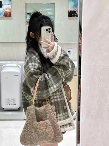 Ženski vuneni kaput s kariranim uzorkom, japanski retro stil, široka silueta, visok ovratnik, zimski