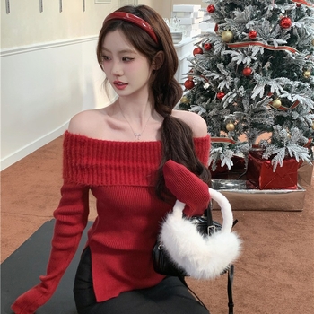 Női karcsúsított vállnélküli kötött pulóver, vastag faux mink velúr textúra, hosszú ujjak