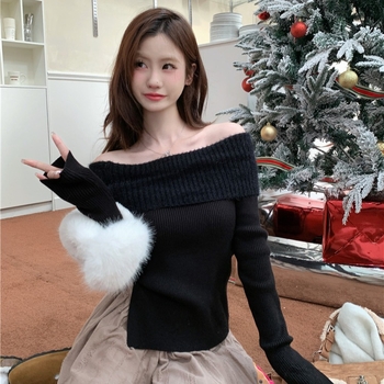 Női karcsúsított vállnélküli kötött pulóver, vastag faux mink velúr textúra, hosszú ujjak