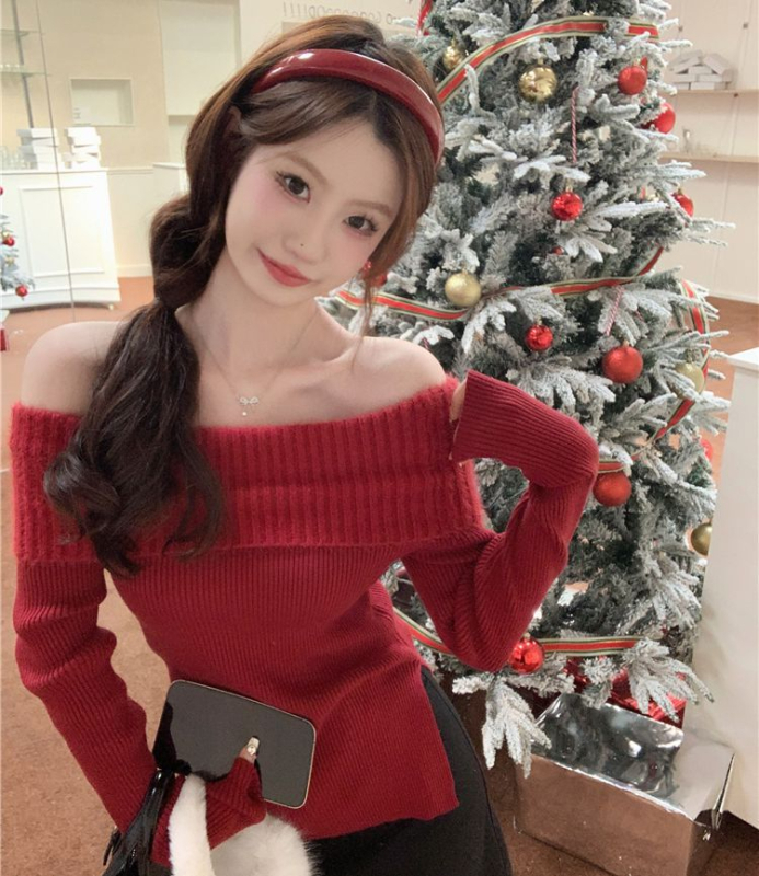 Női karcsúsított vállnélküli kötött pulóver, vastag faux mink velúr textúra, hosszú ujjak