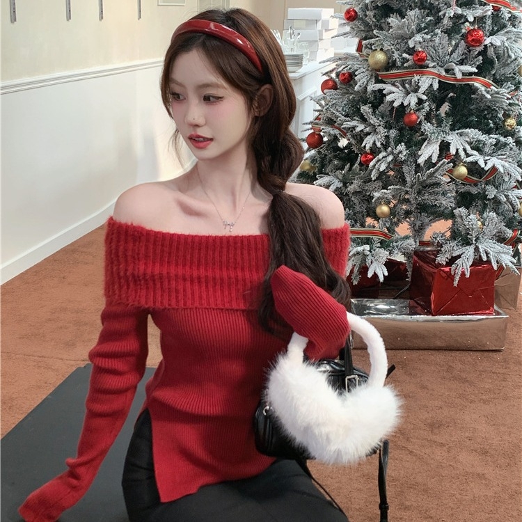 Női karcsúsított vállnélküli kötött pulóver, vastag faux mink velúr textúra, hosszú ujjak