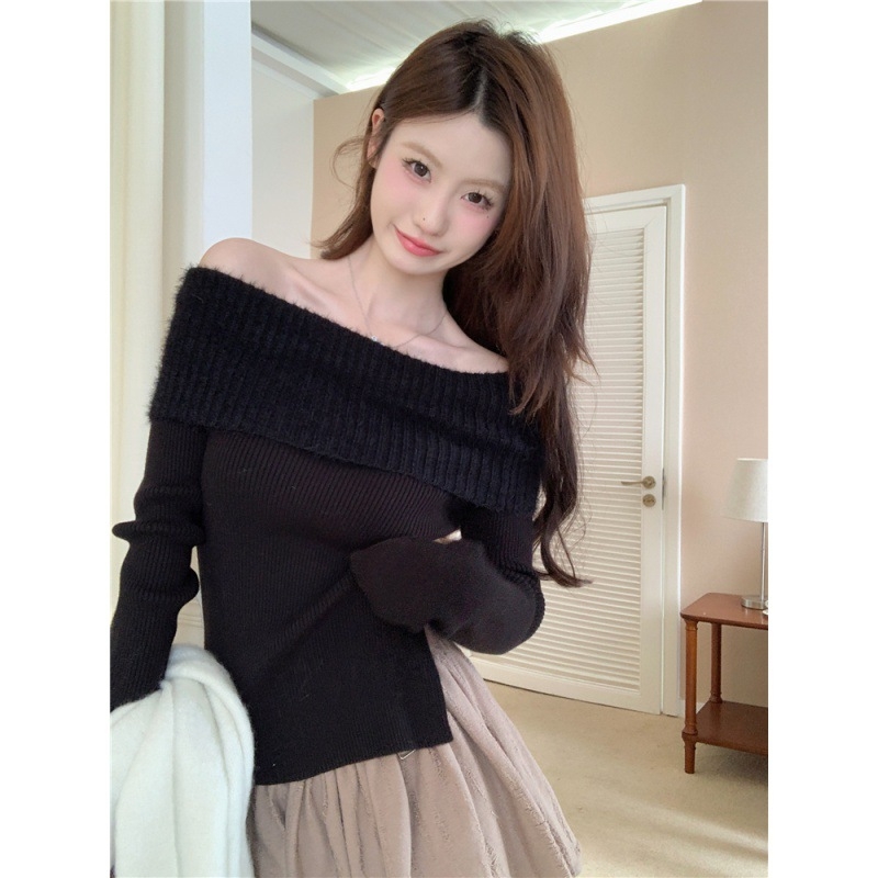 Női karcsúsított vállnélküli kötött pulóver, vastag faux mink velúr textúra, hosszú ujjak