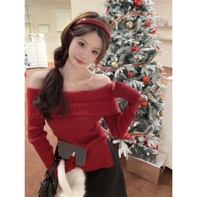 Női karcsúsított vállnélküli kötött pulóver, vastag faux mink velúr textúra, hosszú ujjak