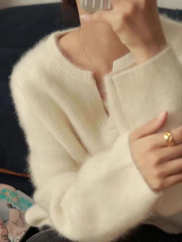 Koreanskog stila pulover s V-izrezom, dugi rukavi, gusta pletenina, detalji collage/šivanja, tkanina od poliester mreže (30–50% poliester)